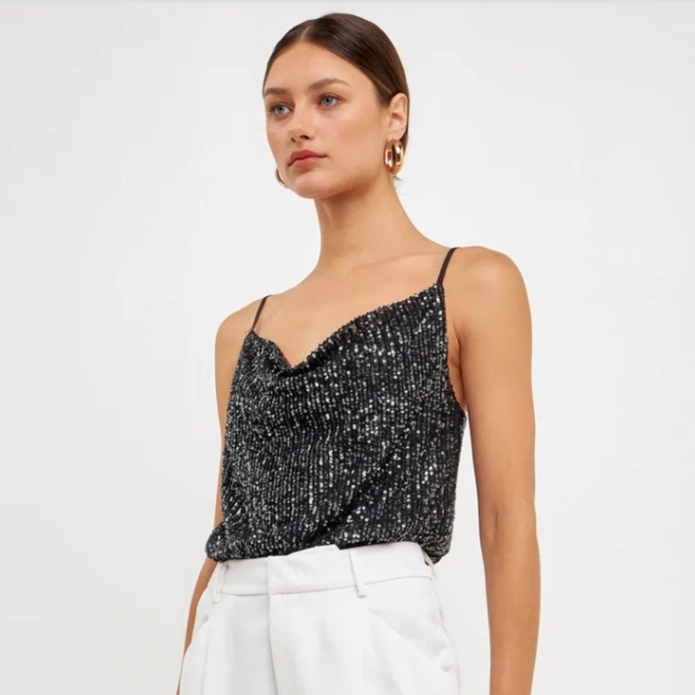Gold and silver sequin sparkle cowl neck spaghetti strap top